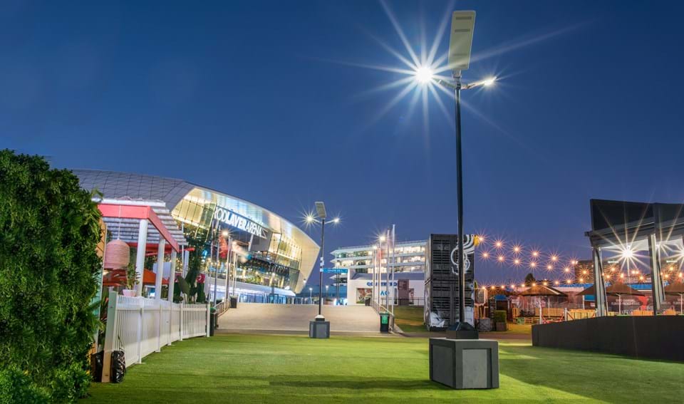 Event lighting solar power LED lowerable tilt pole